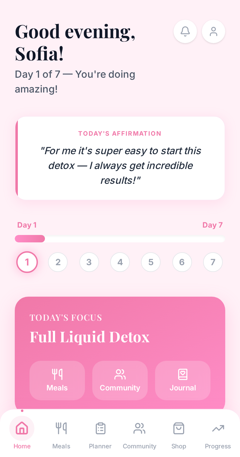AVSHAPE 7-Day Detox Portal daily dashboard on a phone