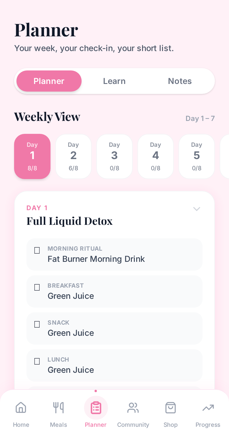 AVSHAPE 7-Day Reset planner inside the portal